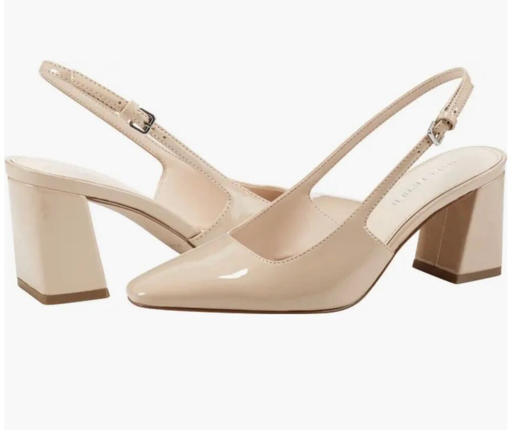 Marc Fisher Sz 8.5 Nude Beige Patent Lethe Block Heel Pointed Slingback Pumps